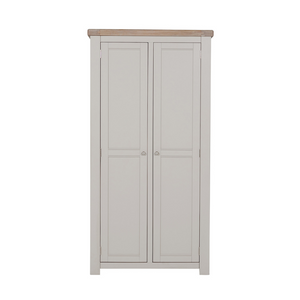 The Doune 2-Door Wardrobe in Taupe features oak veneer top, spacious hanging rail, and sleek metal handles.