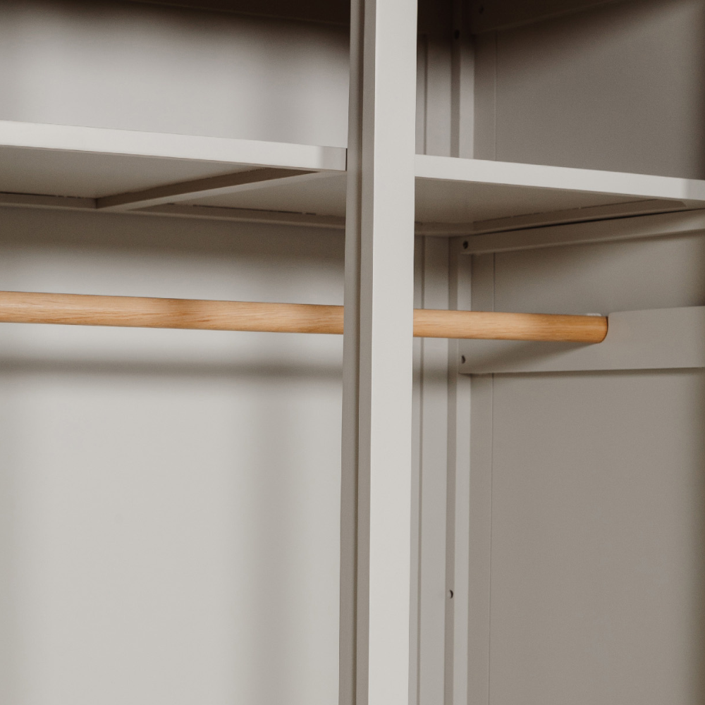 The Doune 2-Door Wardrobe in Taupe features oak veneer top, spacious hanging rail, and sleek metal handles.