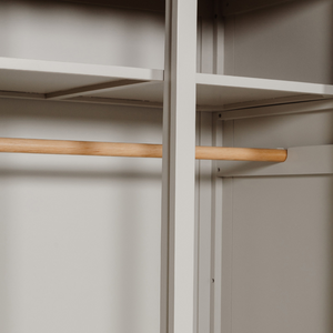 The Doune 2-Door Wardrobe in Taupe features oak veneer top, spacious hanging rail, and sleek metal handles.