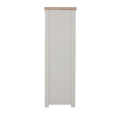 The Doune 2-Door Wardrobe in Taupe features oak veneer top, spacious hanging rail, and sleek metal handles.