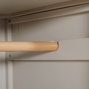 The Doune 2-Door Wardrobe in Taupe features oak veneer top, spacious hanging rail, and sleek metal handles.