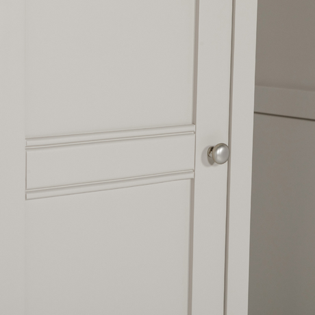 The Doune 2-Door Wardrobe in Taupe features oak veneer top, spacious hanging rail, and sleek metal handles.