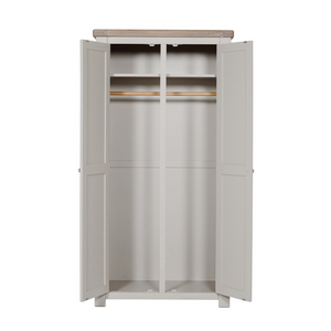 The Doune 2-Door Wardrobe in Taupe features oak veneer top, spacious hanging rail, and sleek metal handles.