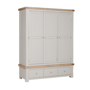 The Doune 3-Door Wardrobe in Taupe offers stylish storage with oak veneer top, hanging rail, shelving and 3 drawers.