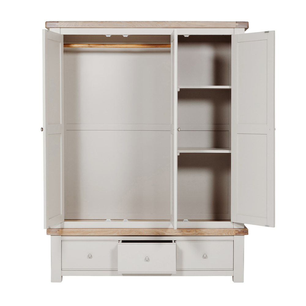 The Doune 3-Door Wardrobe in Taupe offers stylish storage with oak veneer top, hanging rail, shelving and 3 drawers.