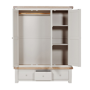 The Doune 3-Door Wardrobe in Taupe offers stylish storage with oak veneer top, hanging rail, shelving and 3 drawers.