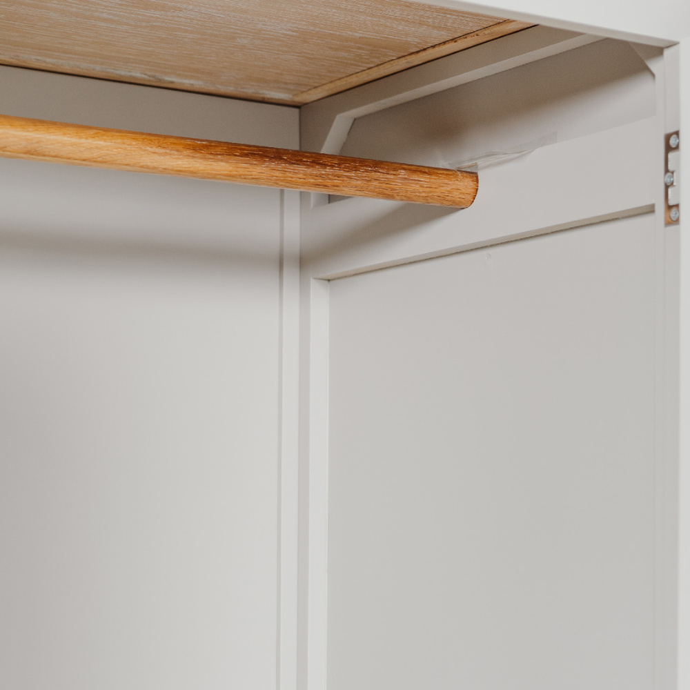 The Doune 3-Door Wardrobe in Taupe offers stylish storage with oak veneer top, hanging rail, shelving and 3 drawers.