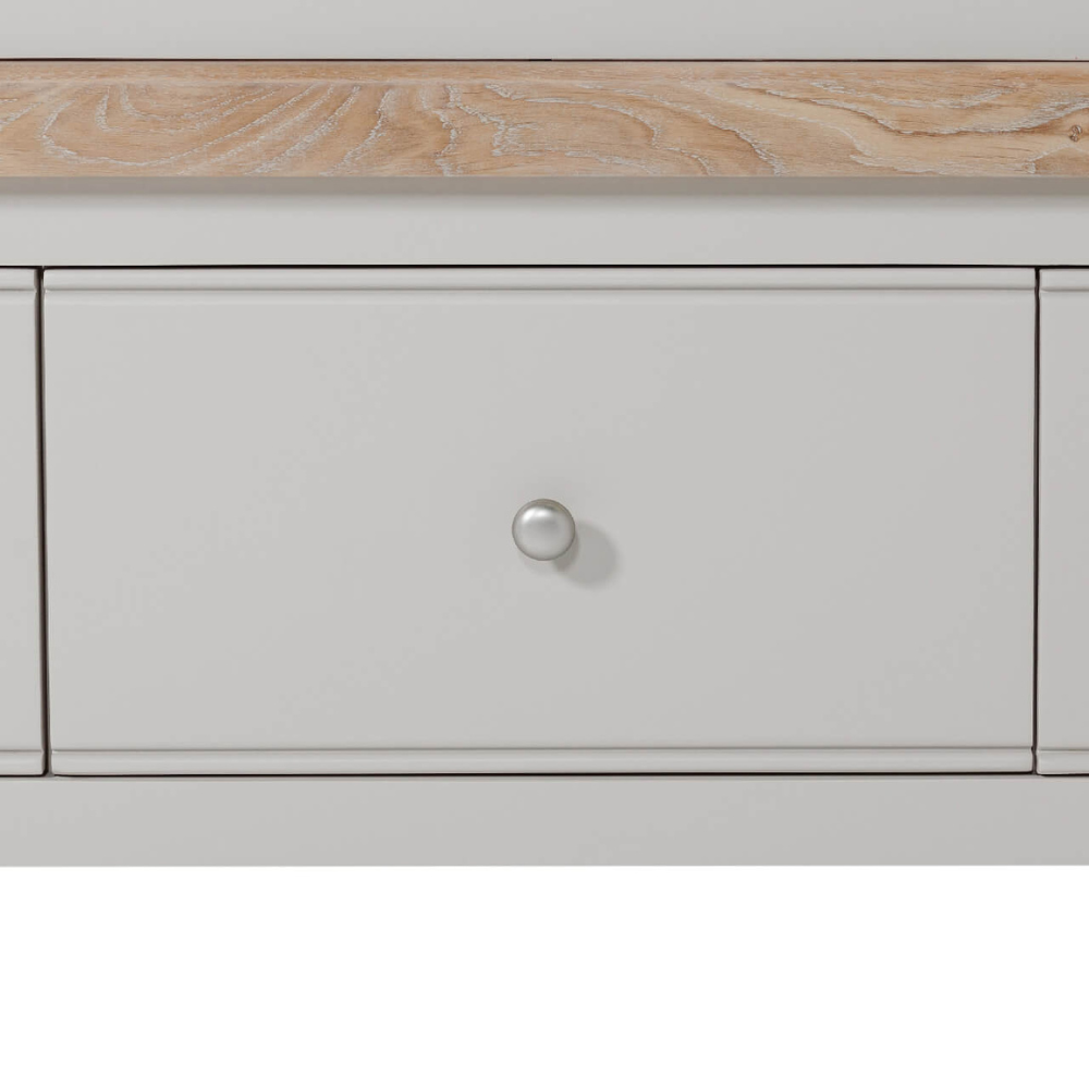 The Doune 3-Door Wardrobe in Taupe offers stylish storage with oak veneer top, hanging rail, shelving and 3 drawers.