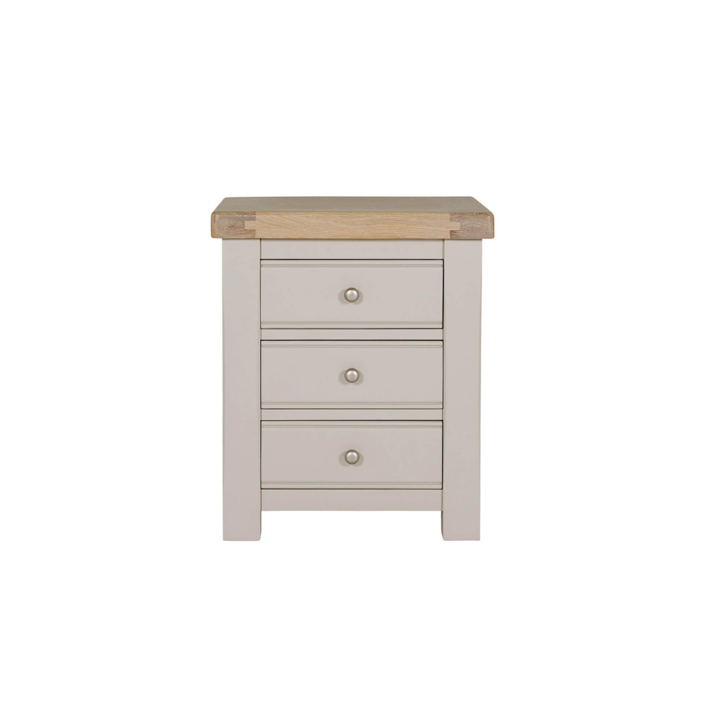 The Doune 3-Drawer Bedside Table in taupe offers ample storage with a sophisticated oak veneer top and sleek metal handles.