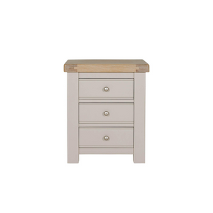The Doune 3-Drawer Bedside Table in taupe offers ample storage with a sophisticated oak veneer top and sleek metal handles.