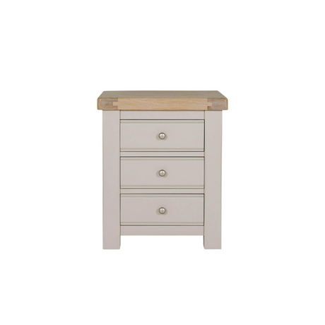 The Doune 3-Drawer Bedside Table in taupe offers ample storage with a sophisticated oak veneer top and sleek metal handles.