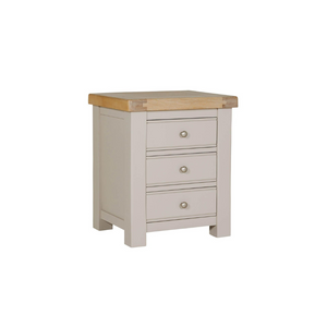 The Doune 3-Drawer Bedside Table in taupe offers ample storage with a sophisticated oak veneer top and sleek metal handles.