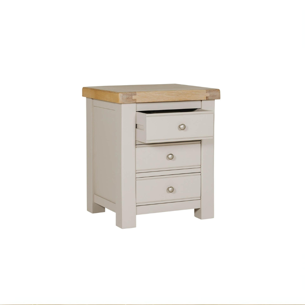 The Doune 3-Drawer Bedside Table in taupe offers ample storage with a sophisticated oak veneer top and sleek metal handles.