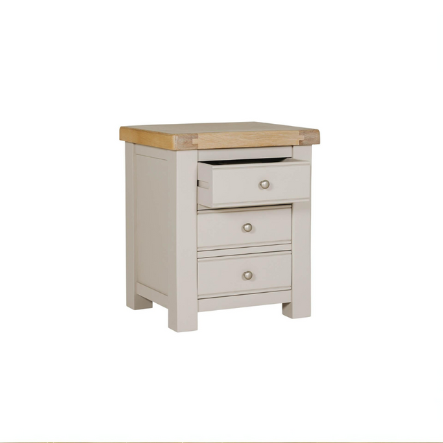 The Doune 3-Drawer Bedside Table in taupe offers ample storage with a sophisticated oak veneer top and sleek metal handles.