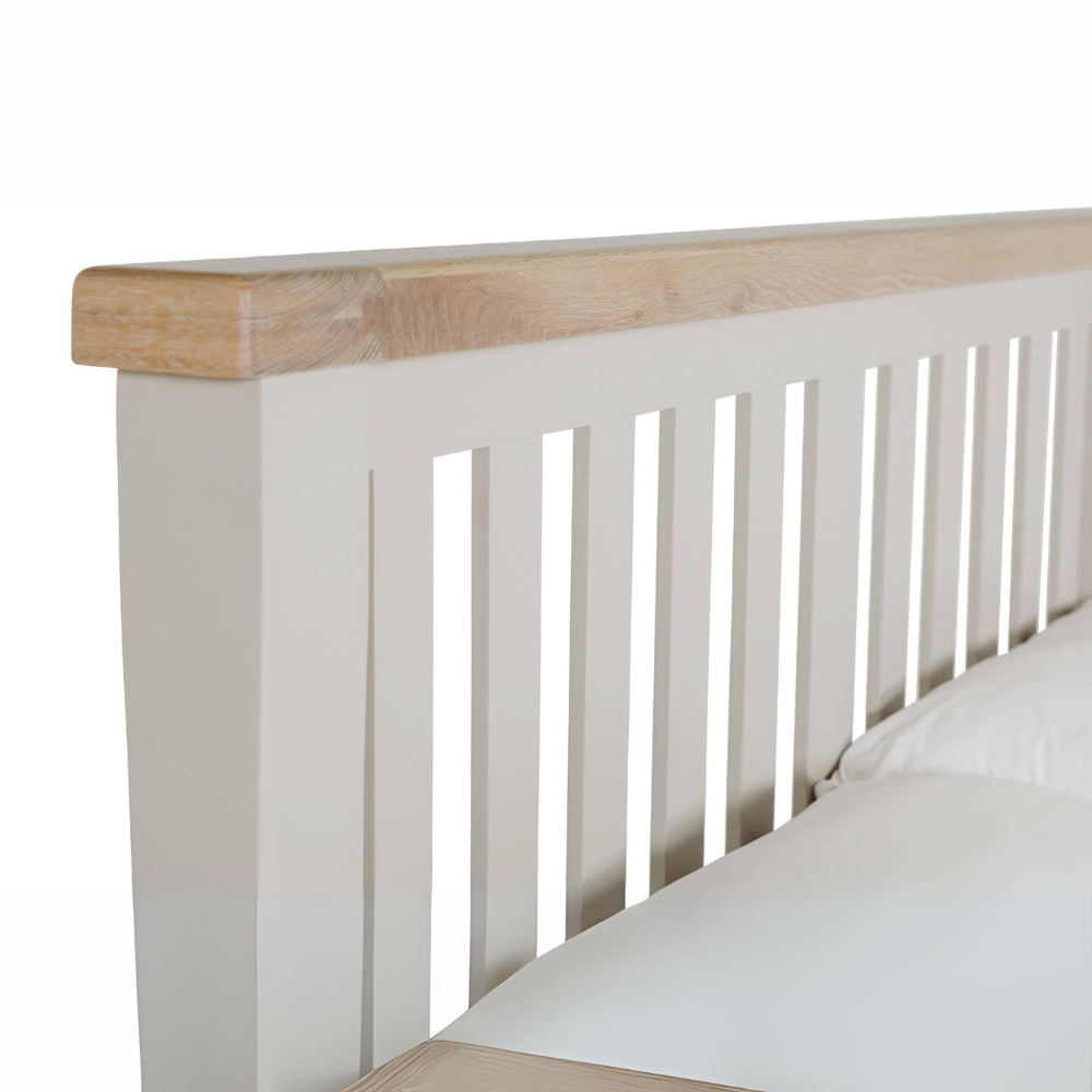 The Doune Bed with Low Footboard in Taupe features oak veneer tops and a modern design, perfect for any bedroom decor