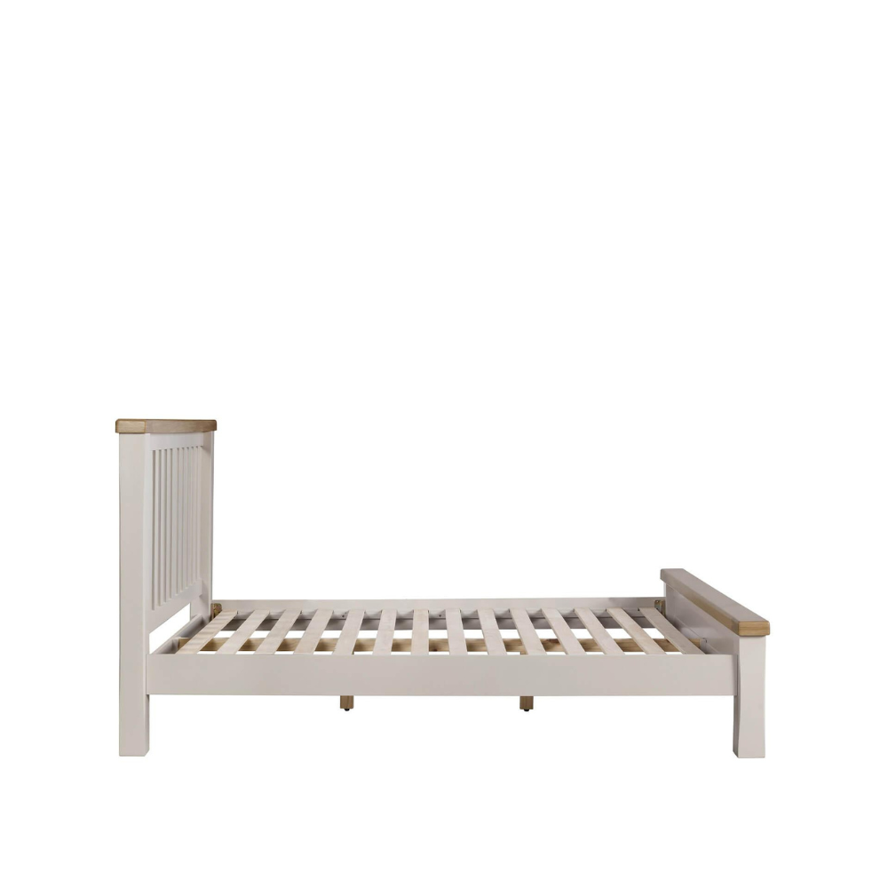 The Doune Bed with Low Footboard in Taupe features oak veneer tops and a modern design, perfect for any bedroom decor
