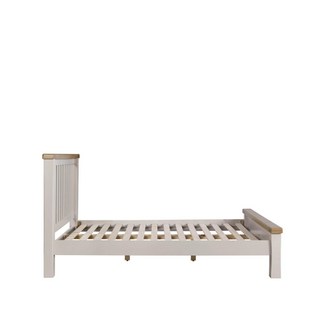 The Doune Bed with Low Footboard in Taupe features oak veneer tops and a modern design, perfect for any bedroom decor