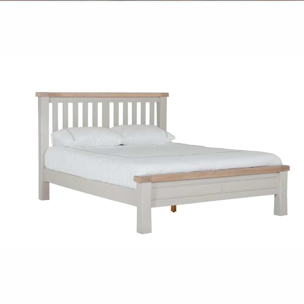 The Doune Bed with Low Footboard in Taupe features oak veneer tops and a modern design, perfect for any bedroom decor