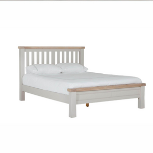 The Doune Bed with Low Footboard in Taupe features oak veneer tops and a modern design, perfect for any bedroom decor