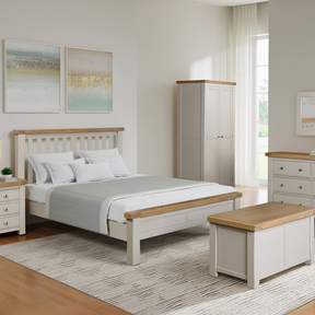 The Doune Bed with Low Footboard in Taupe features oak veneer tops and a modern design, perfect for any bedroom decor