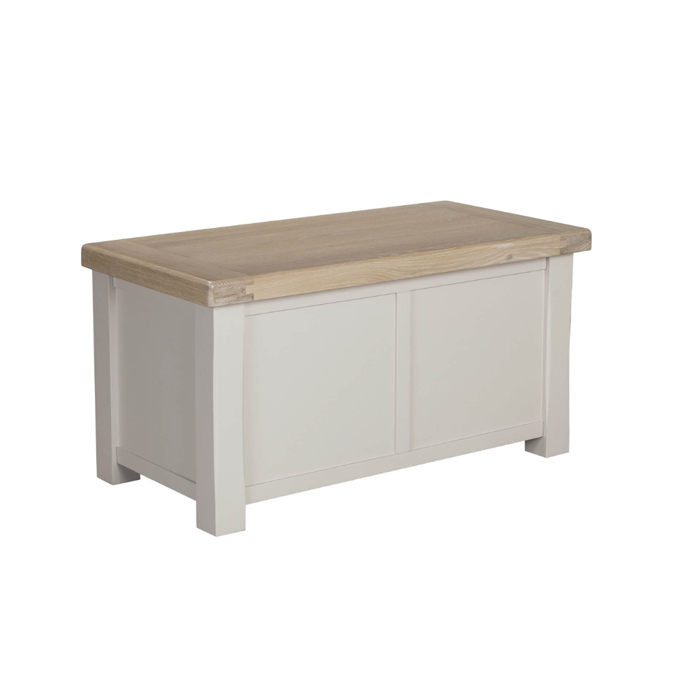 The Doune Blanket Box in Taupe features storage elegant solution with a slow-close lid, oak veneer top and ample space