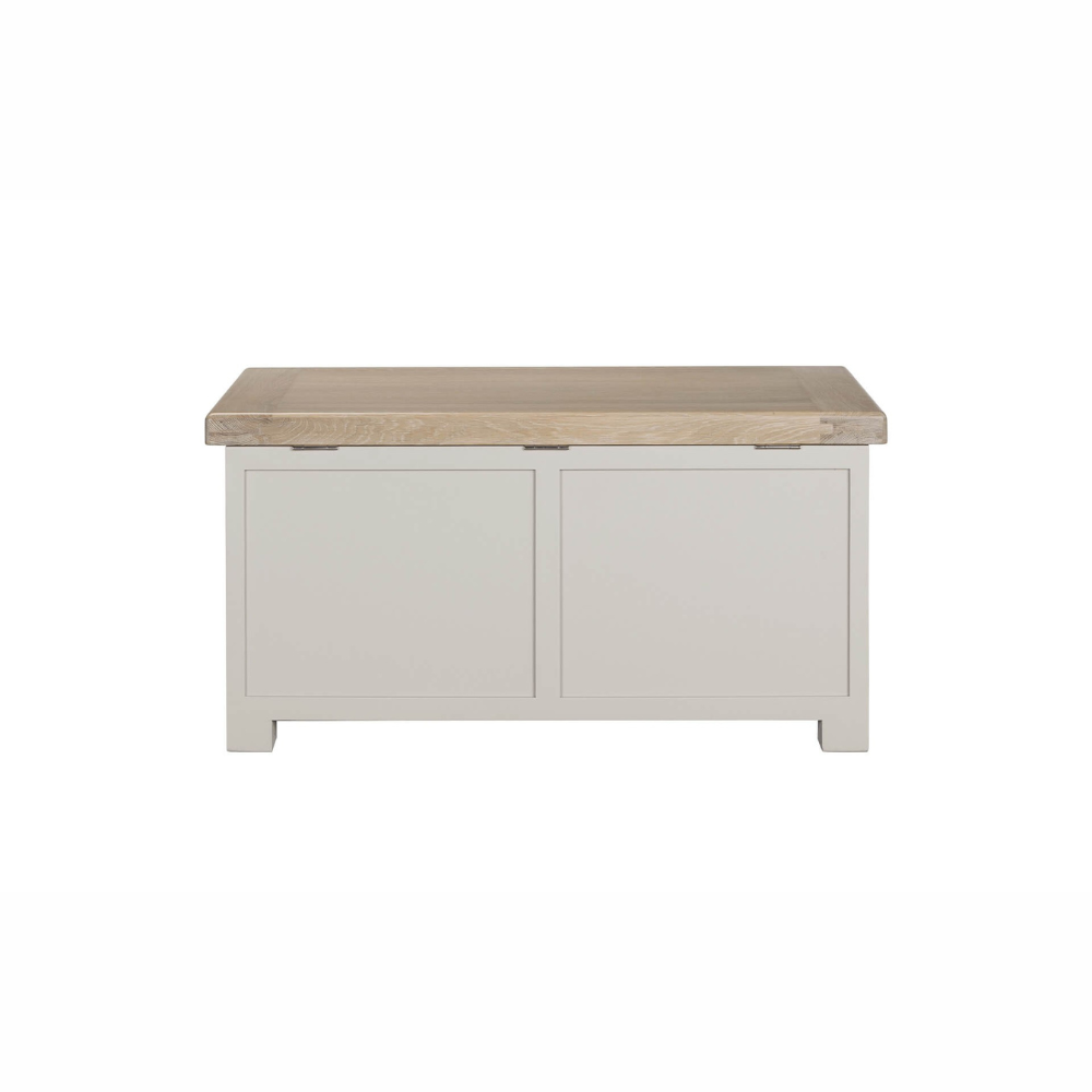 The Doune Blanket Box in Taupe features storage elegant solution with a slow-close lid, oak veneer top and ample space