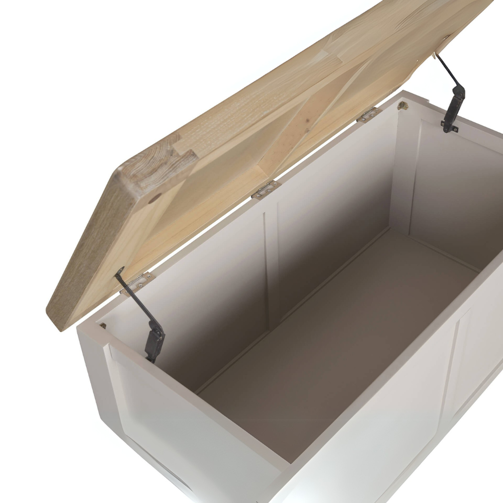 The Doune Blanket Box in Taupe features storage elegant solution with a slow-close lid, oak veneer top and ample space