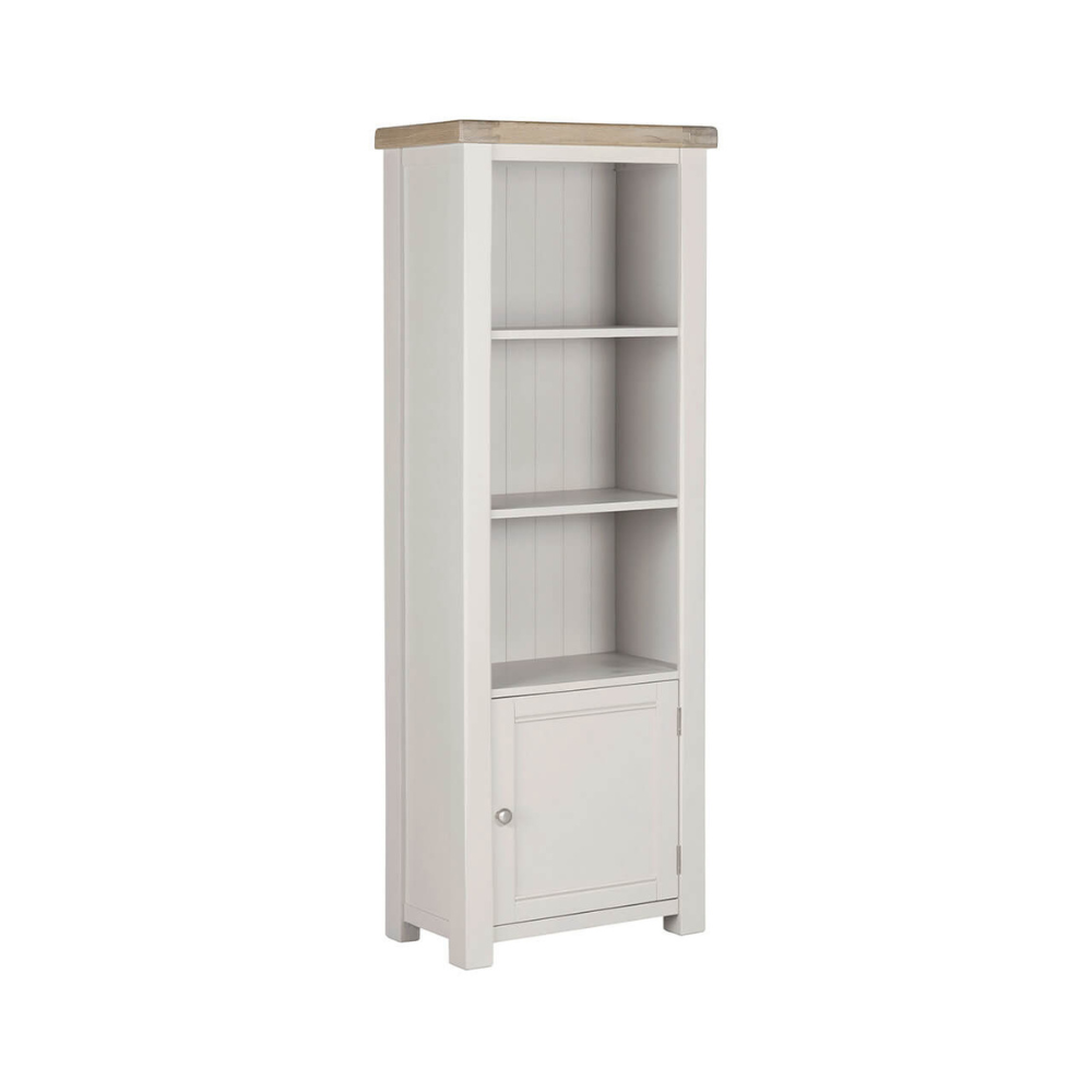 The Doune Tall Bookcase in Taupe features sleek design, oak veneer top and a hidden cabinet storage.