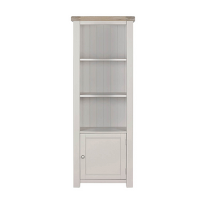 The Doune Tall Bookcase in Taupe features sleek design, oak veneer top and a hidden cabinet storage.