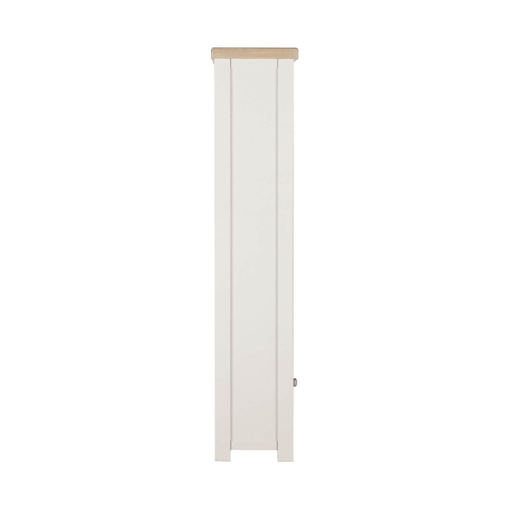 The Doune Tall Bookcase in Taupe features sleek design, oak veneer top and a hidden cabinet storage.