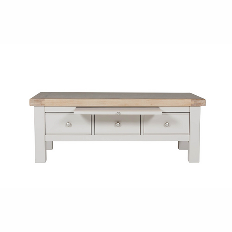 The Doune Coffee Table in Taupe features oak veneer top, three storage drawers with sleek handles and a versatile design.