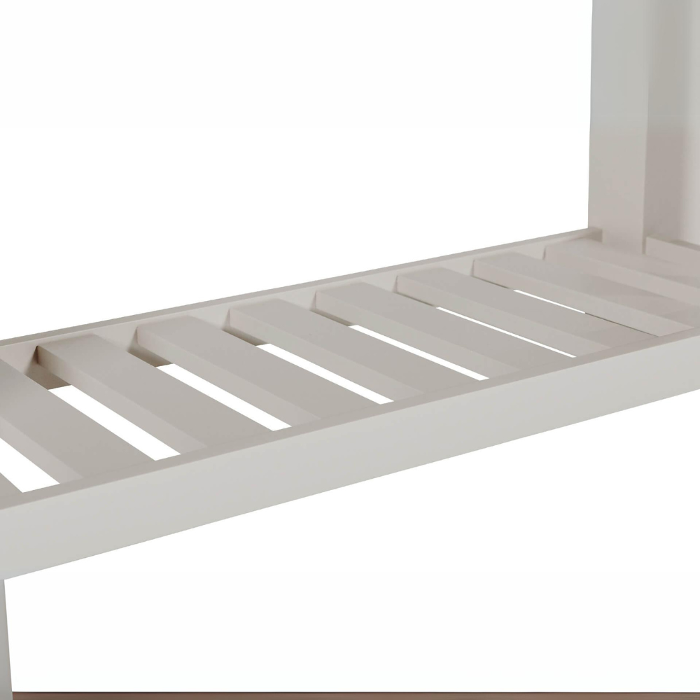 The Doune Console Table in Taupe features a sleek taupe finish, design with three drawers and a lower slatted shelf.