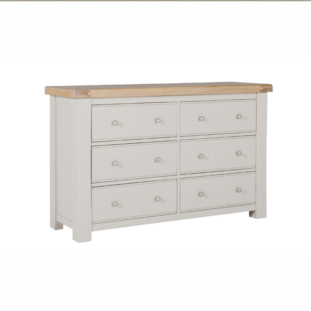 The Doune 6-Drawer Dressing Chest in Taupe features 6 spacious drawers, oak veneer top and sleek metal handles.