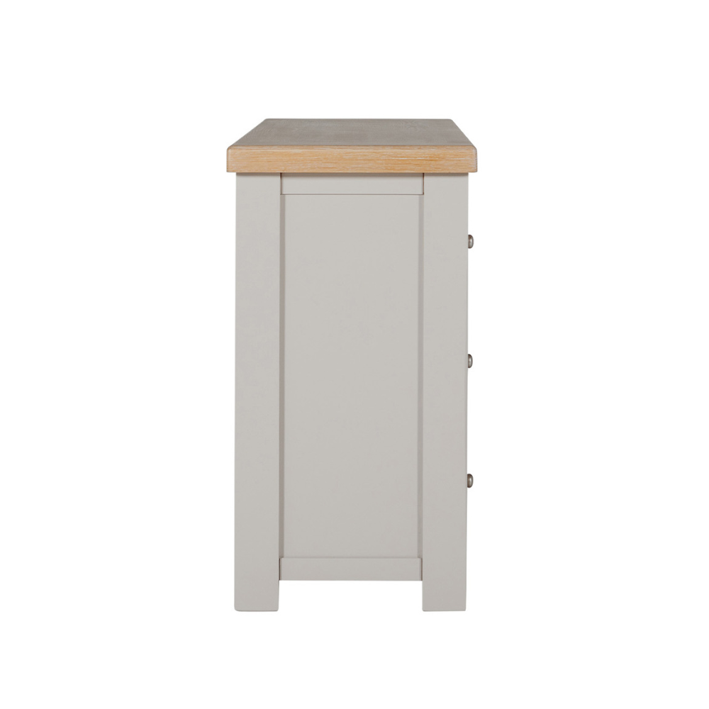 The Doune 6-Drawer Dressing Chest in Taupe features 6 spacious drawers, oak veneer top and sleek metal handles.
