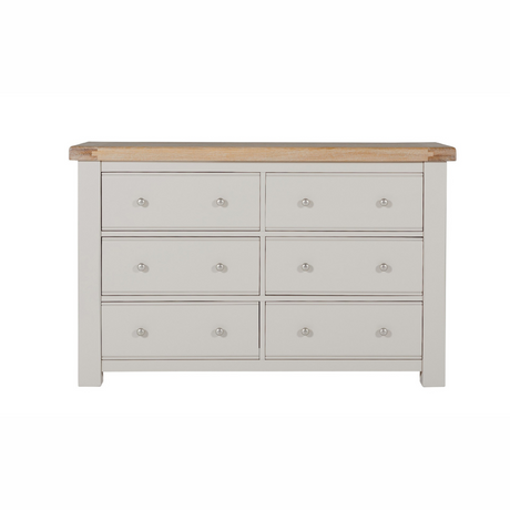 The Doune 6-Drawer Dressing Chest in Taupe features 6 spacious drawers, oak veneer top and sleek metal handles.