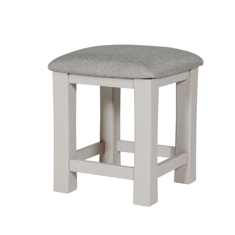 The Doune Dressing Stool in Taupe features padded cushion seat and elegant painted finish; perfect for bedroom or vanity space.