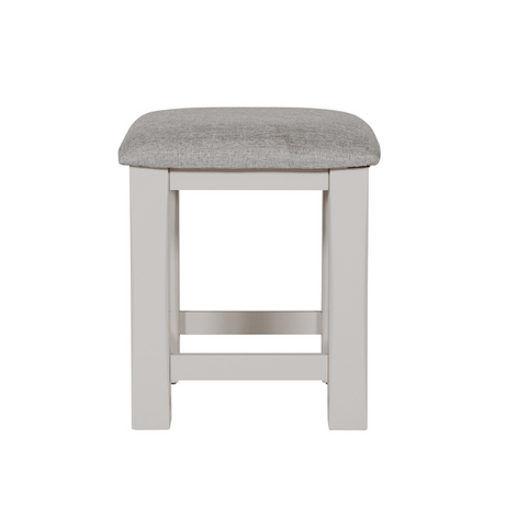 The Doune Dressing Stool in Taupe features padded cushion seat and elegant painted finish; perfect for bedroom or vanity space.