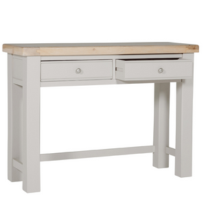 The Doune Dressing Table in Taupe features oak veneer top, 2 drawers and sleek metal handles, practical for any dressing space.
