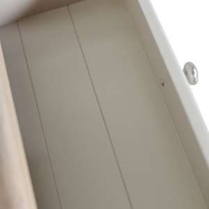 The Doune Dressing Table in Taupe features oak veneer top, 2 drawers and sleek metal handles, practical for any dressing space.