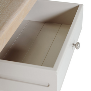 The Doune Dressing Table in Taupe features oak veneer top, 2 drawers and sleek metal handles, practical for any dressing space.