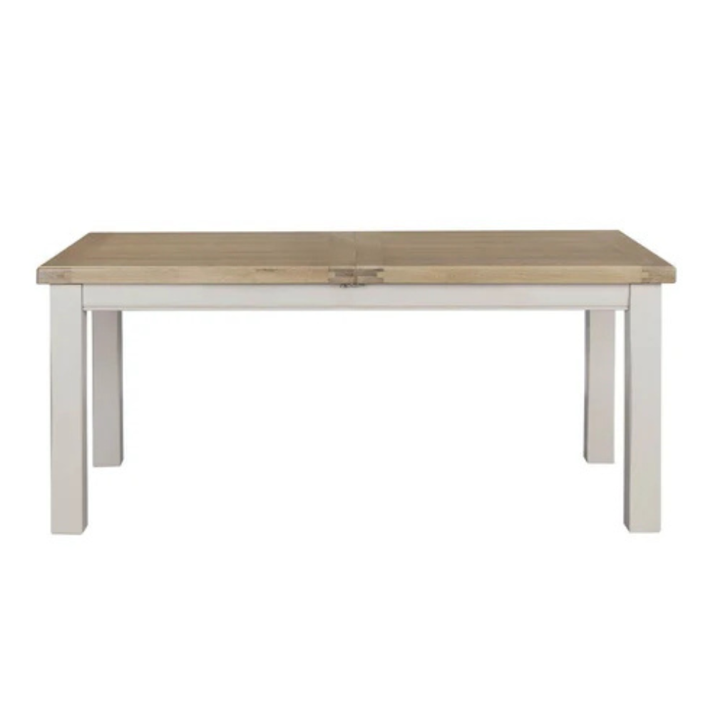 The Doune Extending Dining Table in Taupe with oak top offers a versatile design, extending from 1400mm to 1800mm.