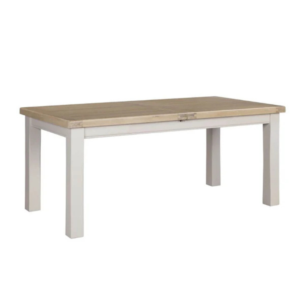The Doune Extending Dining Table in Taupe with oak top offers a versatile design, extending from 1400mm to 1800mm.