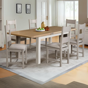 The Doune Extending Dining Table in Taupe with oak top offers a versatile design, extending from 1400mm to 1800mm.