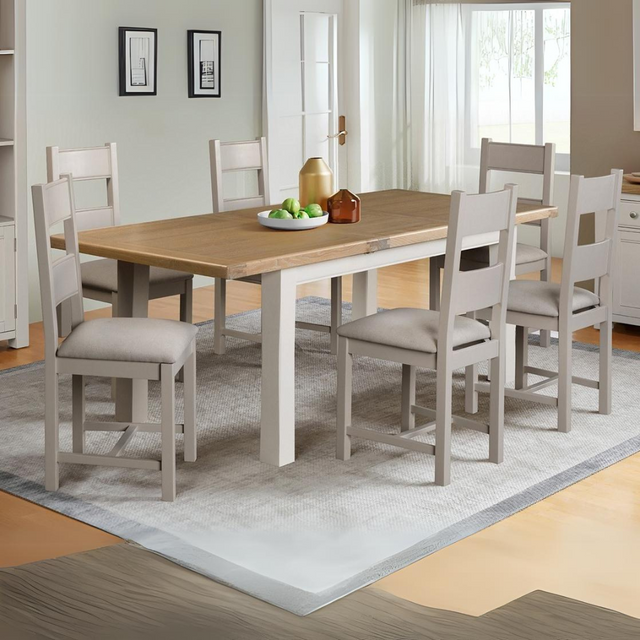 The Doune Extending Dining Table in Taupe with oak top offers a versatile design, extending from 1400mm to 1800mm.