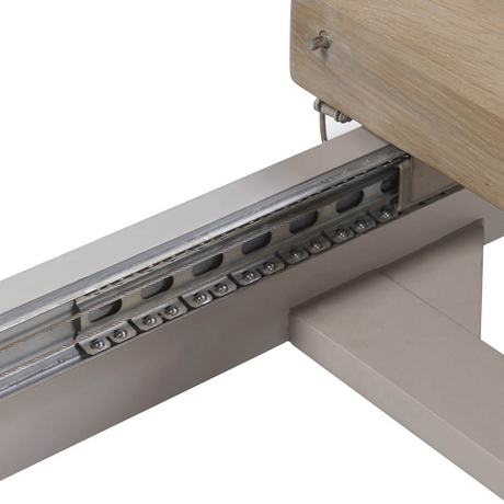 The Doune 1200/1650 Extending Dining Table in Taupe features oak veneer top, taupe-painted legs and smooth extension