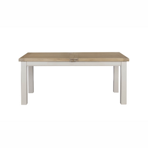 The Doune 1200/1650 Extending Dining Table in Taupe features oak veneer top, taupe-painted legs and smooth extension
