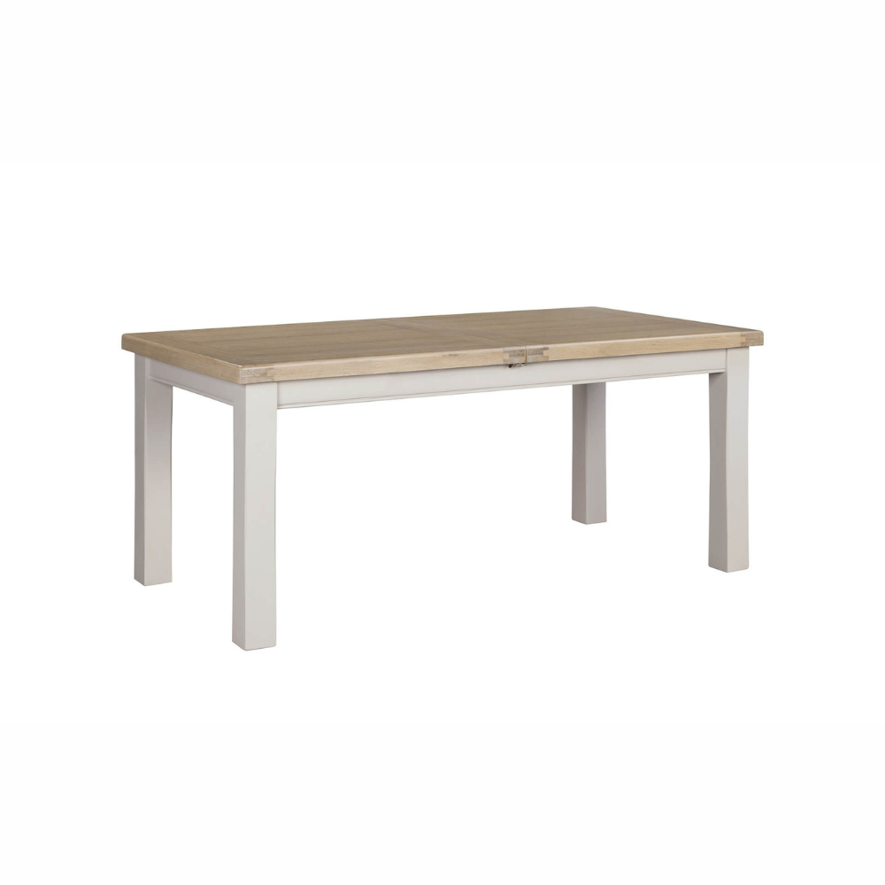 The Doune 1200/1650 Extending Dining Table in Taupe features oak veneer top, taupe-painted legs and smooth extension