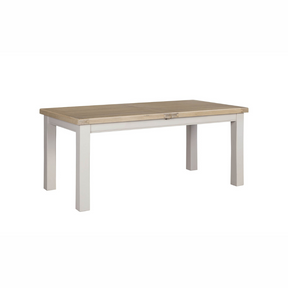 The Doune 1200/1650 Extending Dining Table in Taupe features oak veneer top, taupe-painted legs and smooth extension