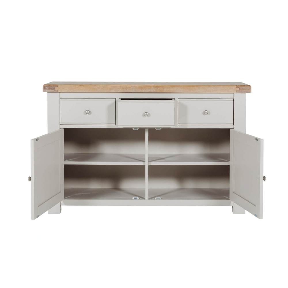 The Doune Large Sideboard Cabinet in Taupe offers oak veneer top, 3 drawers, 2 doors, over 100cm wide & internal shelving