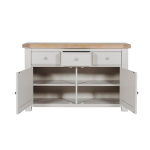 The Doune Large Sideboard Cabinet in Taupe offers oak veneer top, 3 drawers, 2 doors, over 100cm wide & internal shelving